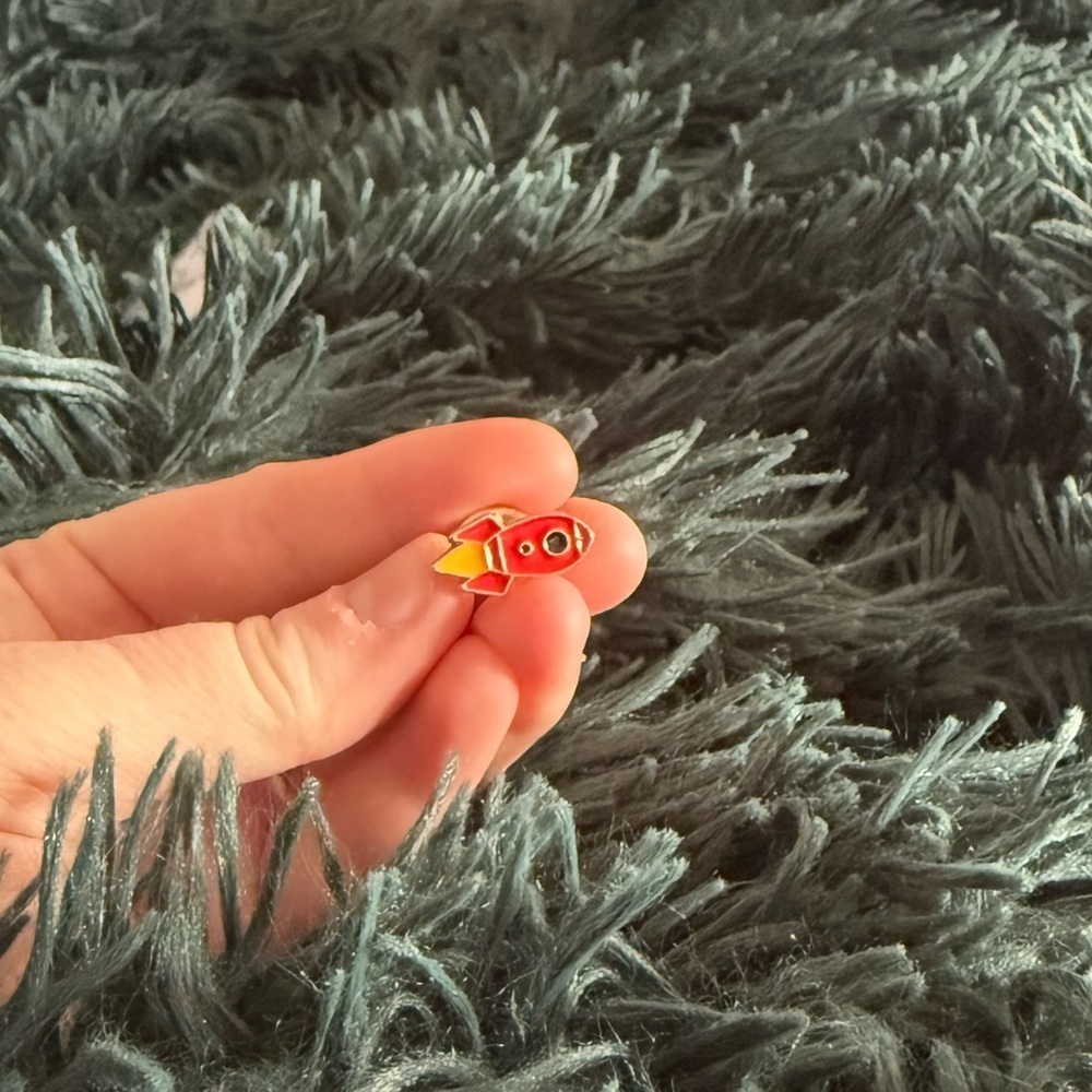 Women’s Jewelry Cute Red Rocket Enamel Pin with Black, Gold, and Orange Accents